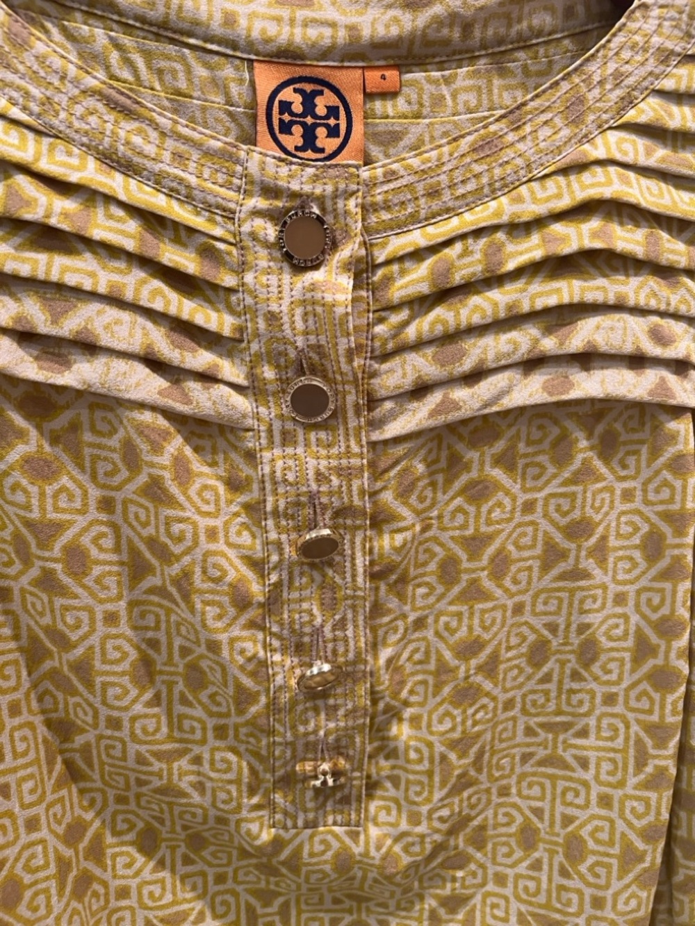 Tory Burch Mustard Geometric Pleated Yoke Blouse